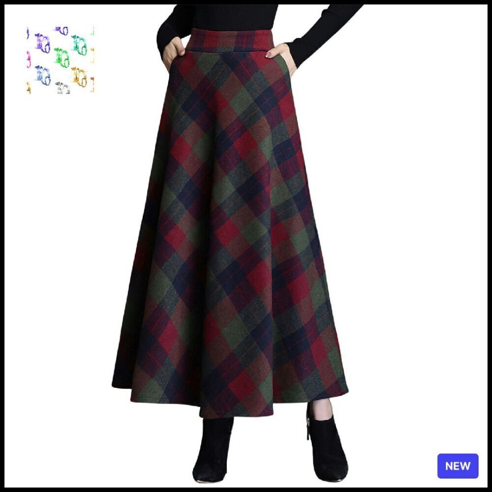 Wool Plaid Maxi Skirt High Waist A-Line Drape Pleated Winter Warm Elegant